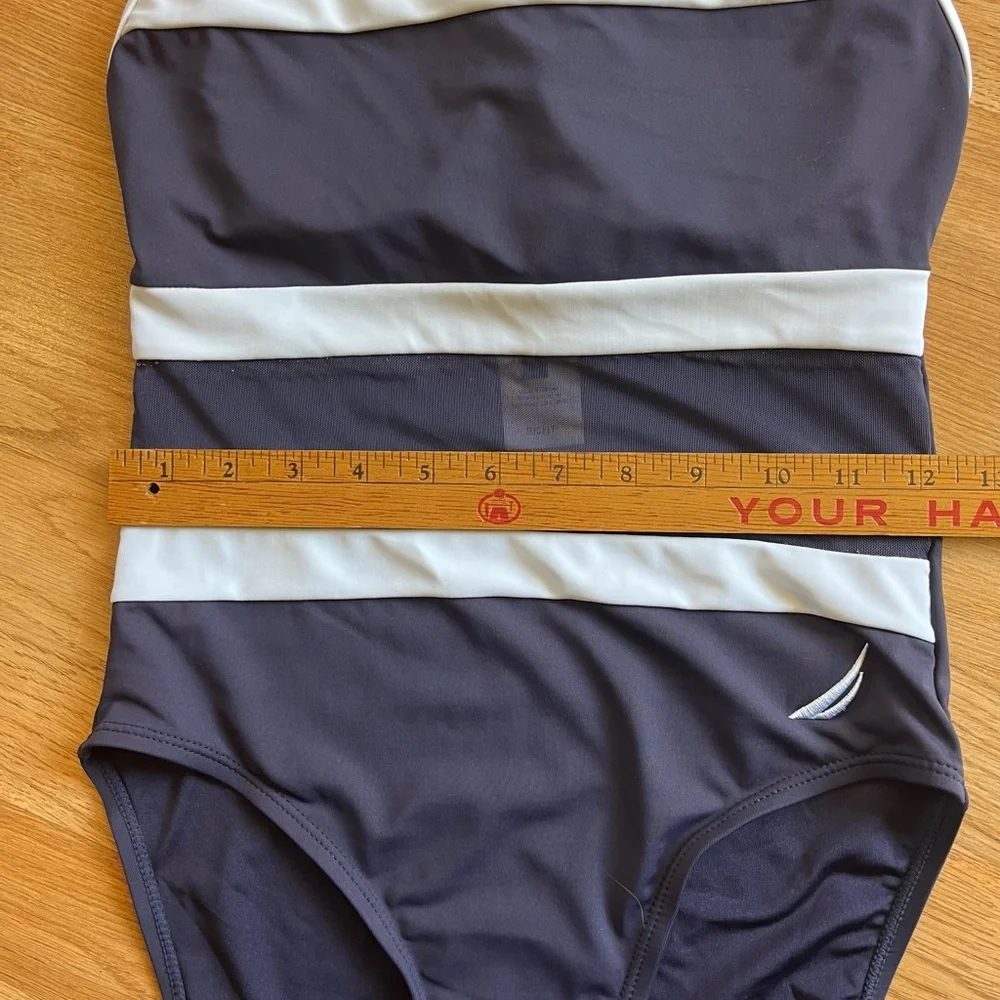 Nautica striped one-piece swimsuit Navy Blue & White Mesh Accents Women’s Small